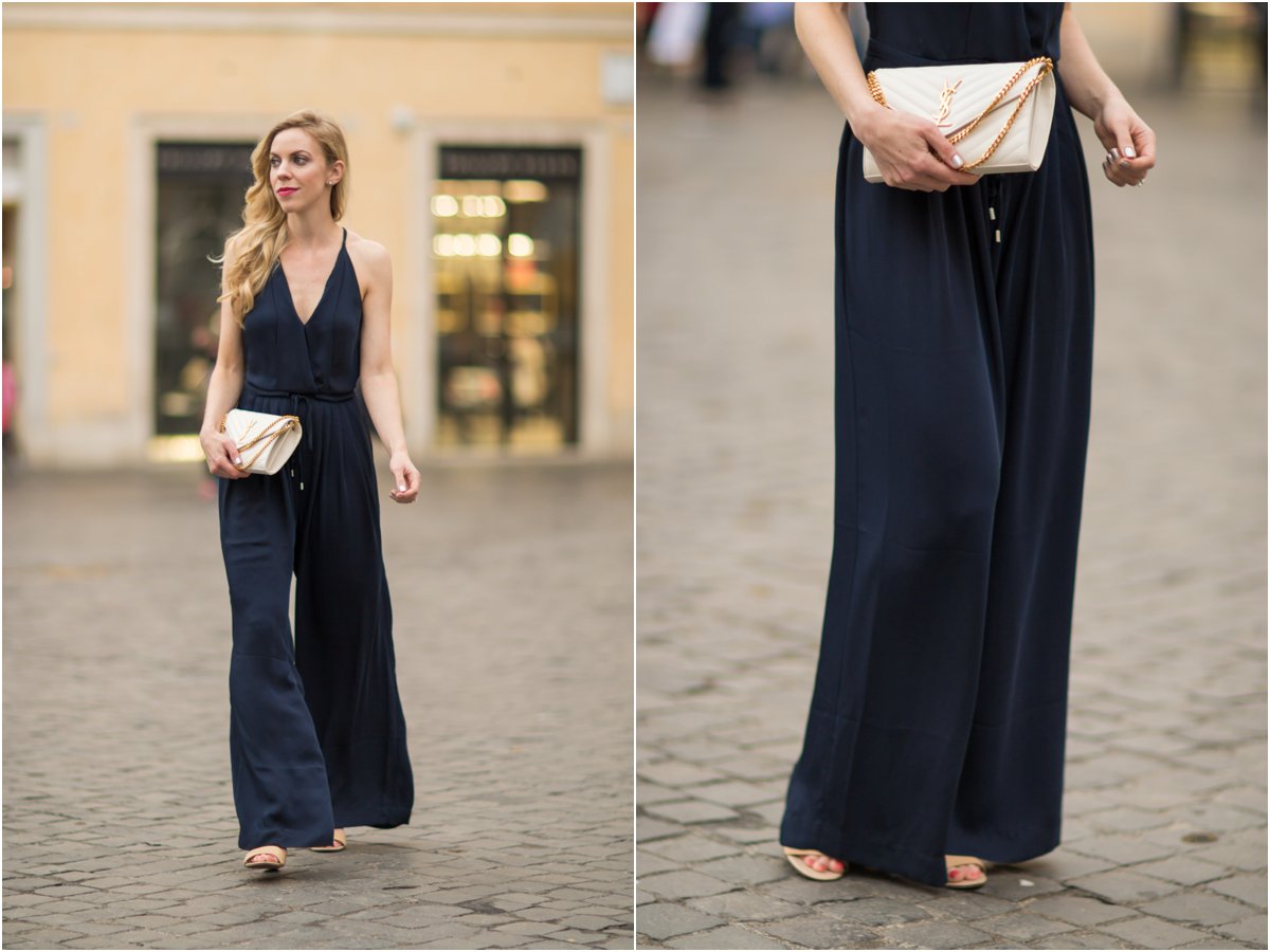 H&M navy blue jumpsuit, Saint Laurent white chain wallet handbag, YSL white envelope  clutch, halter jumpsuit outfit - Meagan's Moda