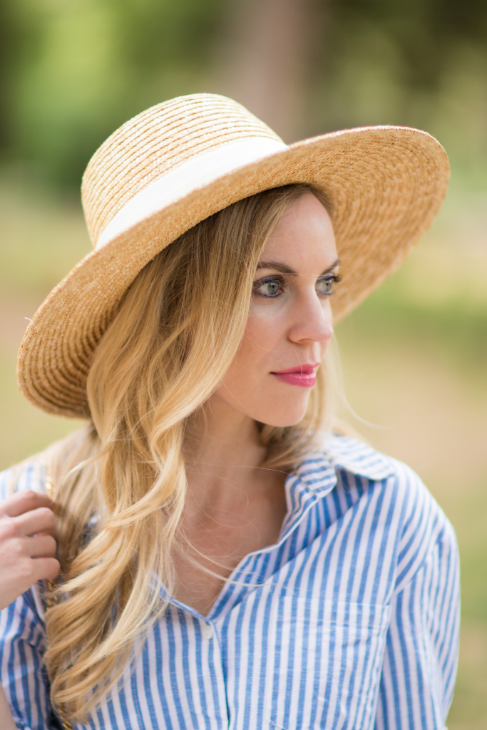 J. Crew wide brim straw hat, Clinique 