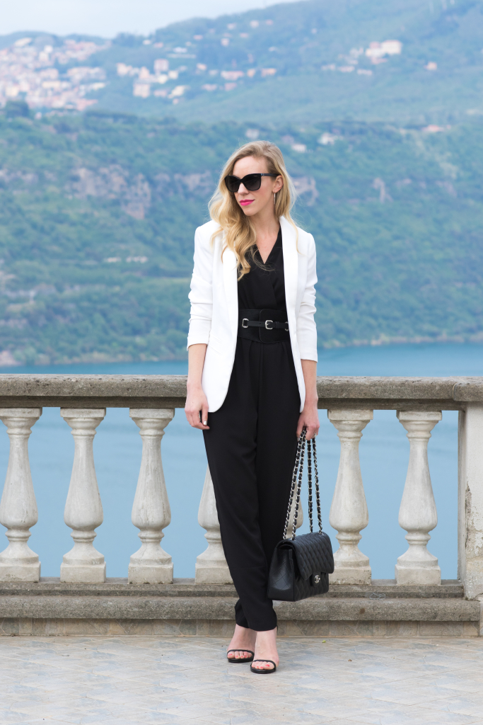 black jumpsuit with white blazer, black and white outfit with Chanel Jumbo  black caviar bag, how to wear a blazer over jumpsuit - Meagan's Moda
