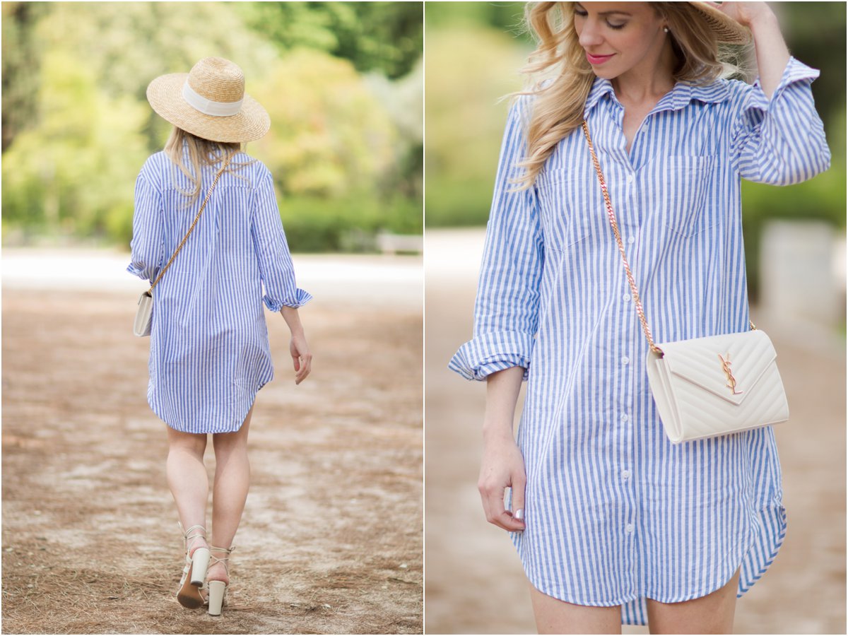 blue and white striped shirt dress, YSL white monogram chain wallet clutch, shirt  dress with straw hat outfit - Meagan's Moda