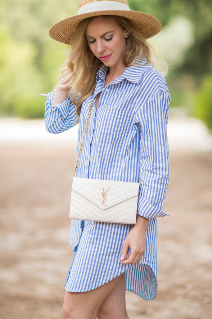 blue and white striped shirt dress, YSL white monogram chain