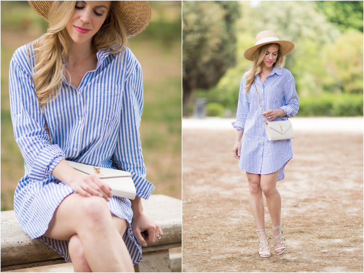 blue and white striped shirt dress with straw boater hat