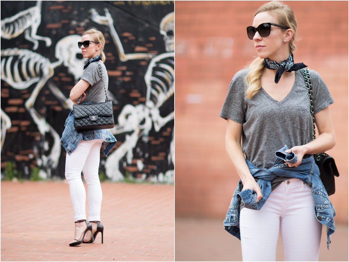 gray v-neck tee with black bandana neck scarf, denim jacket tied