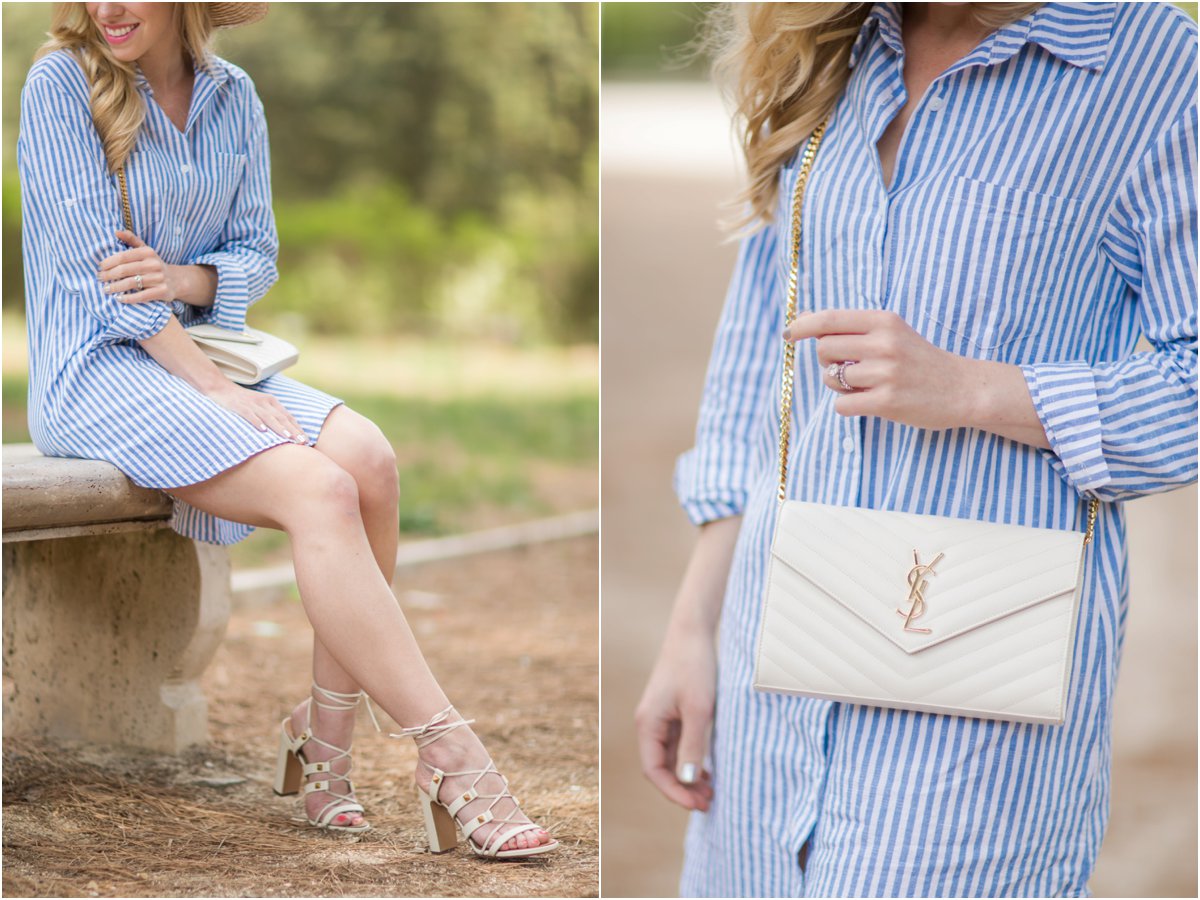 white YSL monogram matelasse chain wallet, blue and white striped shirt  dress, Valentino lace up Rockstud sandals, striped shirt dress outfit -  Meagan's Moda