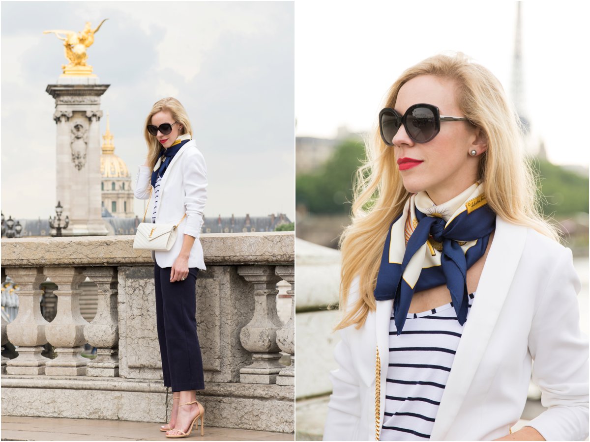 H&M white blazer with striped tank, Ferragamo silk scarf, how to tie a silk  scarf, Parisian style outfit with silk scarf, white blazer with navy  culottes outfit - Meagan's Moda