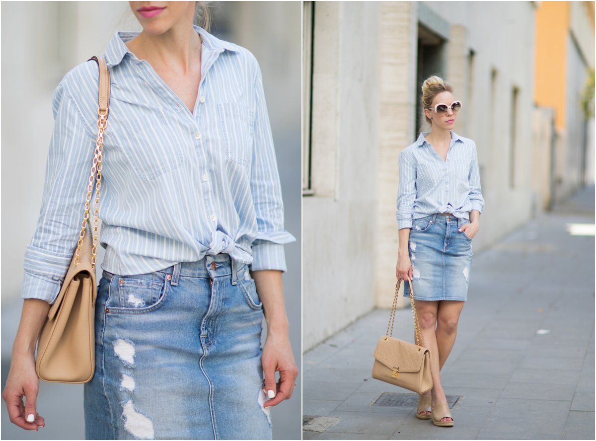 blue and white striped denim skirt