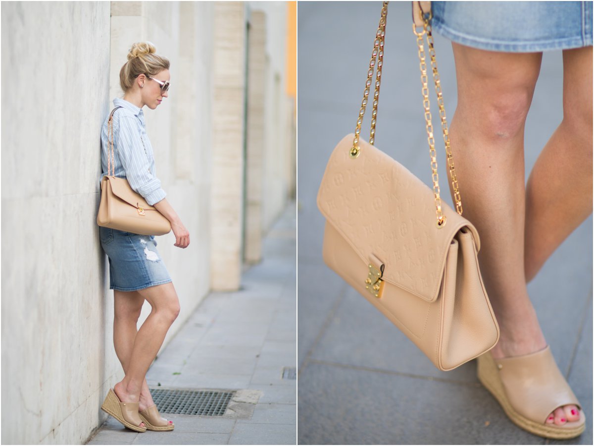 Louis Vuitton St. Germain bag dune leather, Sam Edelman Bonnie mule wedges,  denim skirt with mule heels, what to wear with a denim pencil skirt -  Meagan's Moda