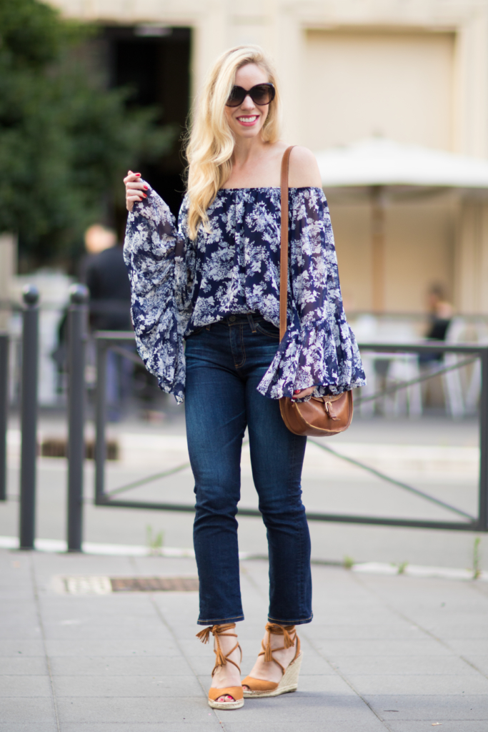 blue and white floral off the shoulder top, AG Jeans Jodi crop flared jeans,  Joie 'Phyllis' espadrille sandals, off the shoulder top with crop flare jeans  outfit - Meagan's Moda