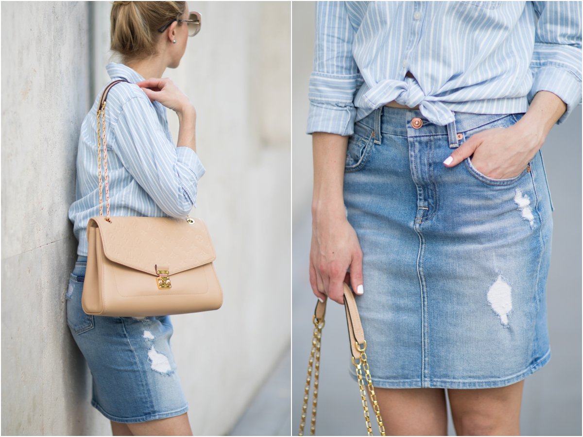 blue and white striped button down shirt with distressed denim skirt, Louis  Vuitton St. Germain monogram bag dune leather, how to style a denim skirt -  Meagan's Moda