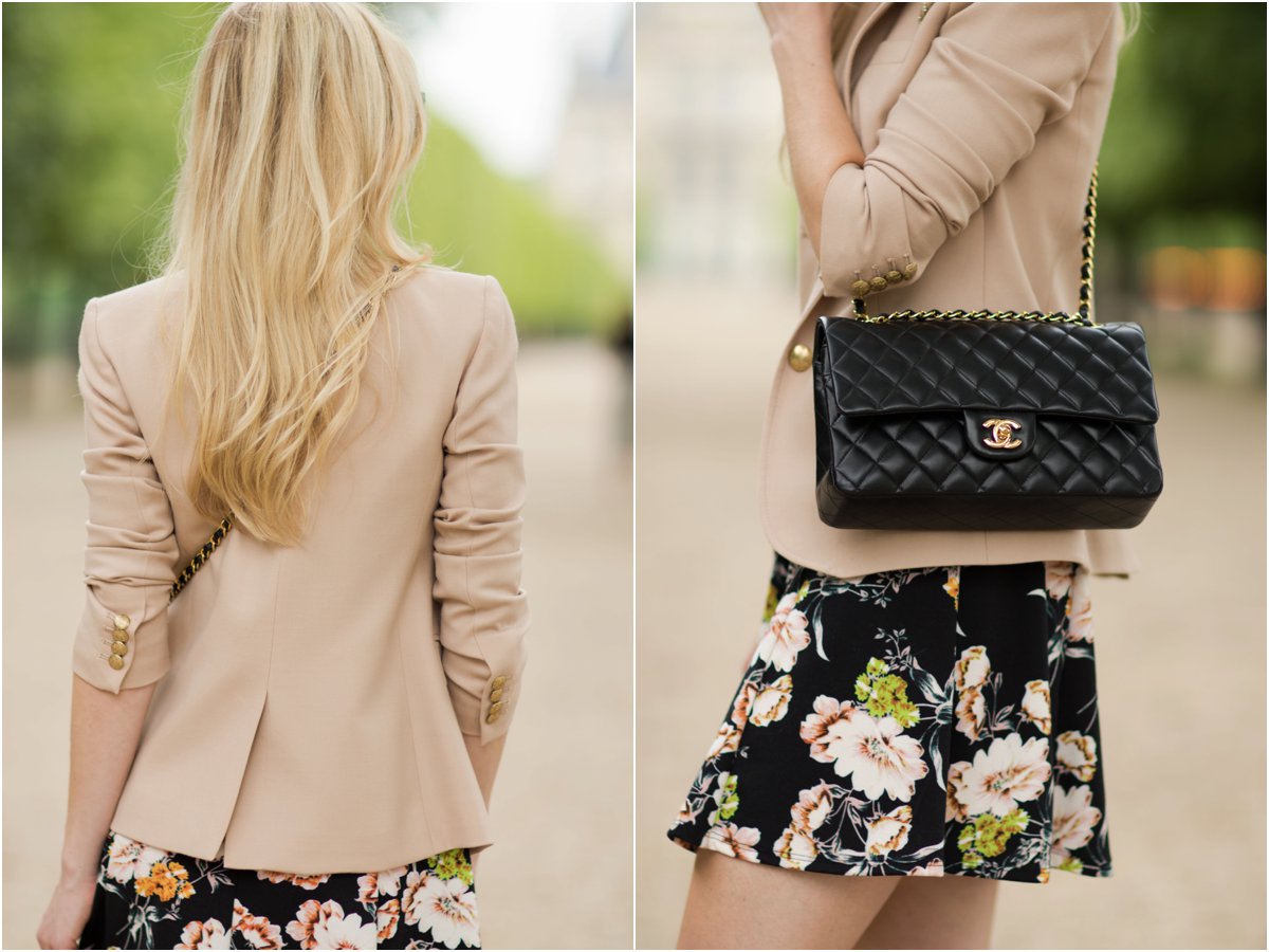 blush pink blazer over floral print dress, Chanel medium classic flap bag,  Parisian inspired outfit with Chanel bag - Meagan's Moda