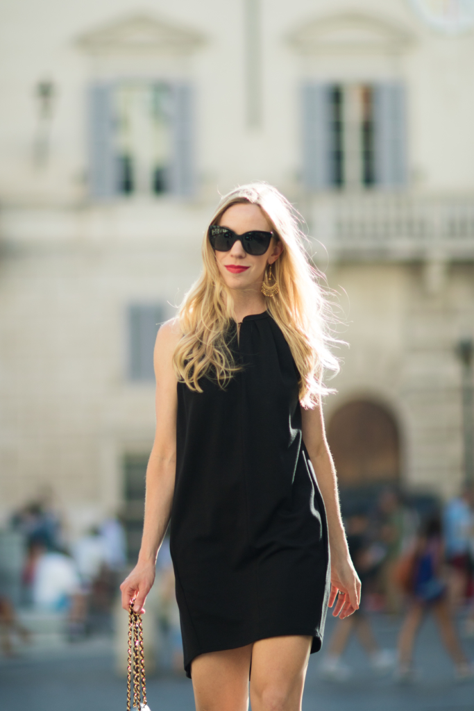 black trapeze dress, Chanel black butterfly sunglasses, fashion