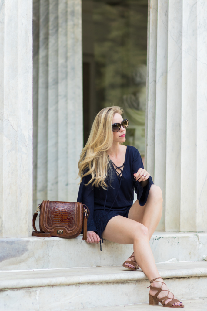 blue and white striped shirt dress with leather belt, vintage Louis Vuitton  Passy bag, Stuart Weitzman Tiegirlchorus lace up block heel sandals,  striped shirt dress outfit - Meagan's Moda