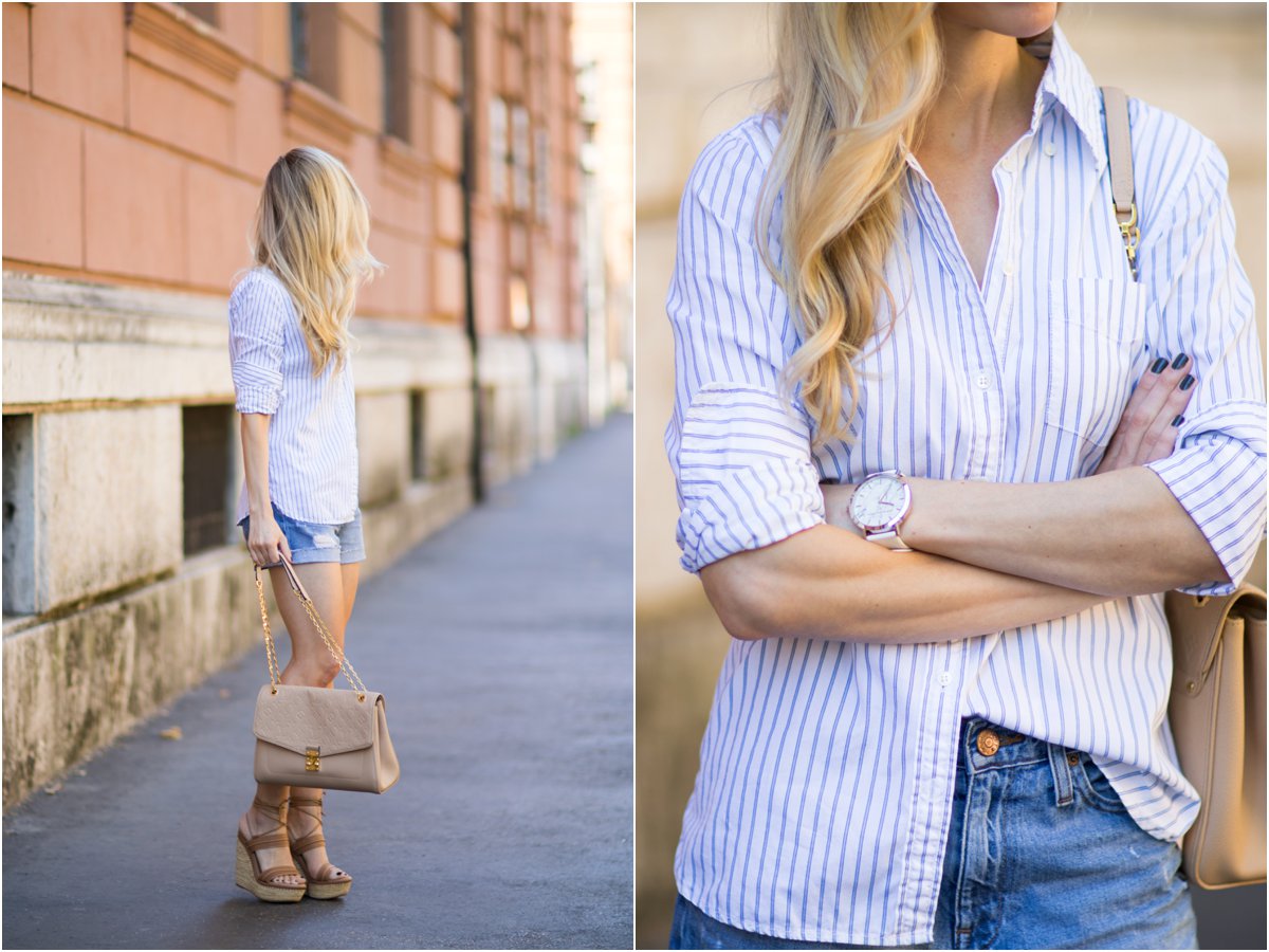 Throwback Stripes: Button-down shirt, Denim shorts & Wedge sandals