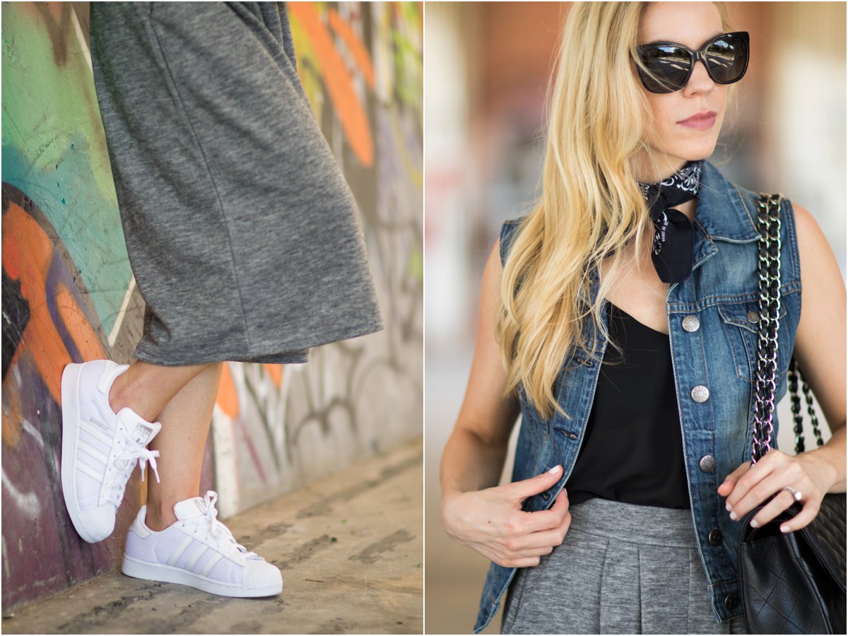 denim vest with black bandana necktie scarf, Chanel butterfly