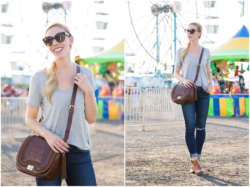 gray v neck tee with distressed denim tan saddle bag casual outfit with booties and ripped jeans Meagan s Moda