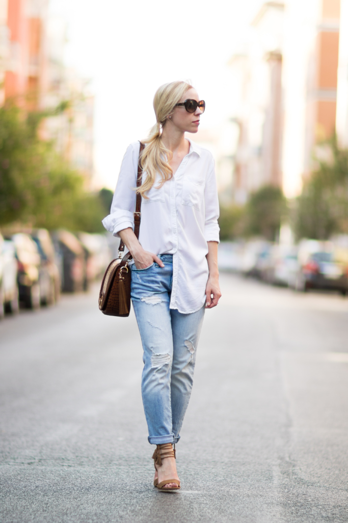 Summer, outfit, ideas, button down, distressed, boyfriend, jeans, snake print, lace up, heels, Louis Vuitto…