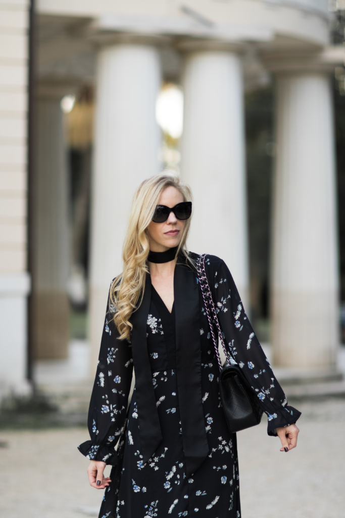 black-floral-maxi-dress-with-black-skinny-scarf-chanel-jumbo