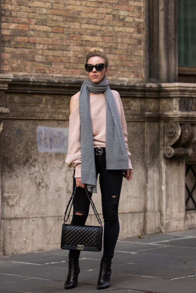 off-the-shoulder-sweater-with-oversized-scarf-black-distressed-jeans-chanel -boy-bag-black-and-brushed-metal - Meagan's Moda