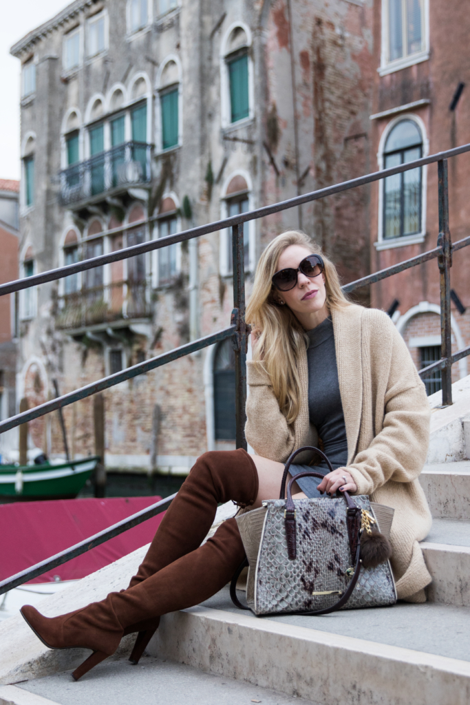 Andrew Marc brown belted leather jacket, vintage Louis Vuitton Passy bag,  Stuart Weitzman gray suede Highland over the knee boots, panama hat with leather  jacket outfit - Meagan's Moda