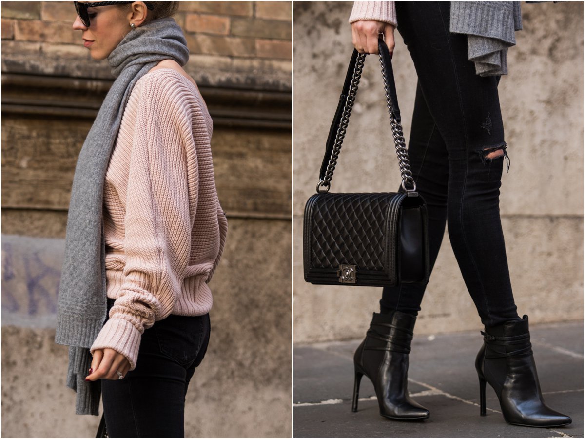 pink sweater and black jeans