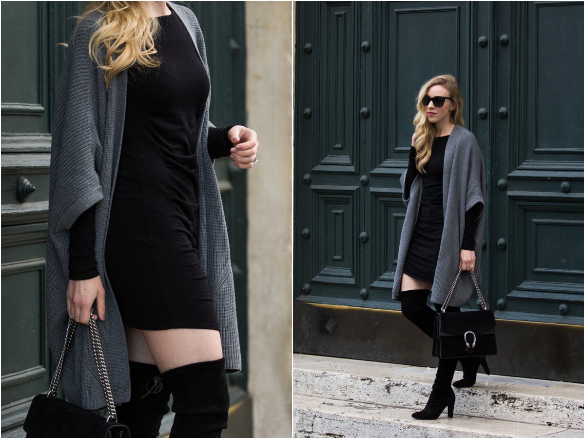 gray-kimono-cardigan-express-ruched-sweater-dress -with-over-the-knee-boots-how-to-wear-a-bodycon-dress-with-over-the-knee-boots  - Meagan's Moda