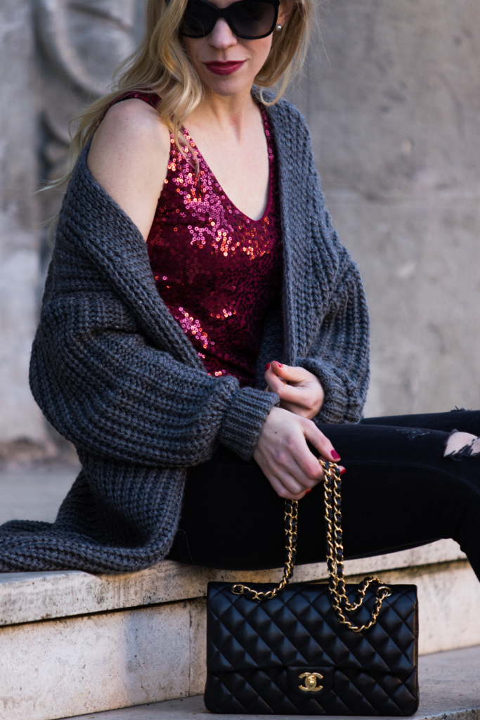 oversized-gray-cardigan-sweater-with-red-sequin-top-new-years-eve