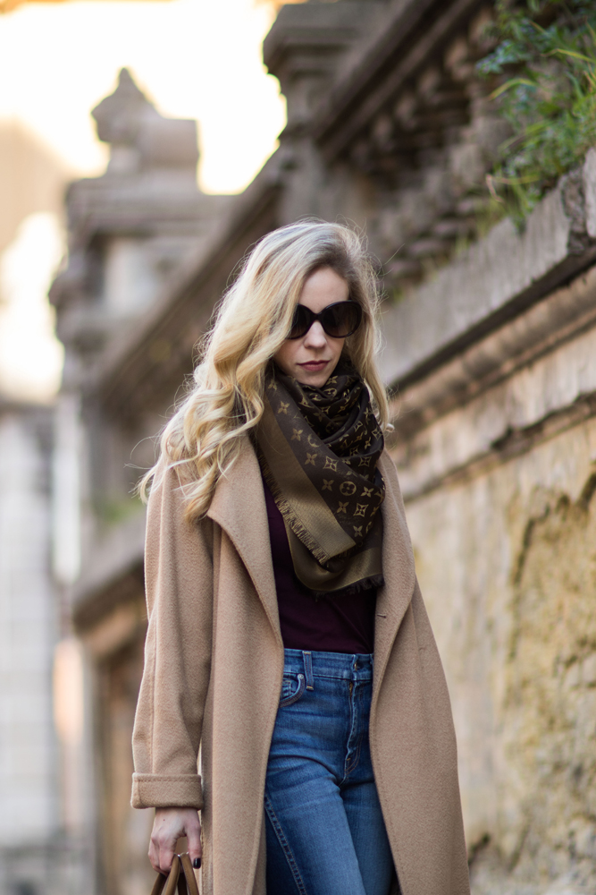 max-mara-camel-coat-louis-vuitton-brown-and-gold-shine-shawl -scarf-outfit-with-louis-vuitton-monogram-scarf - Meagan's Moda