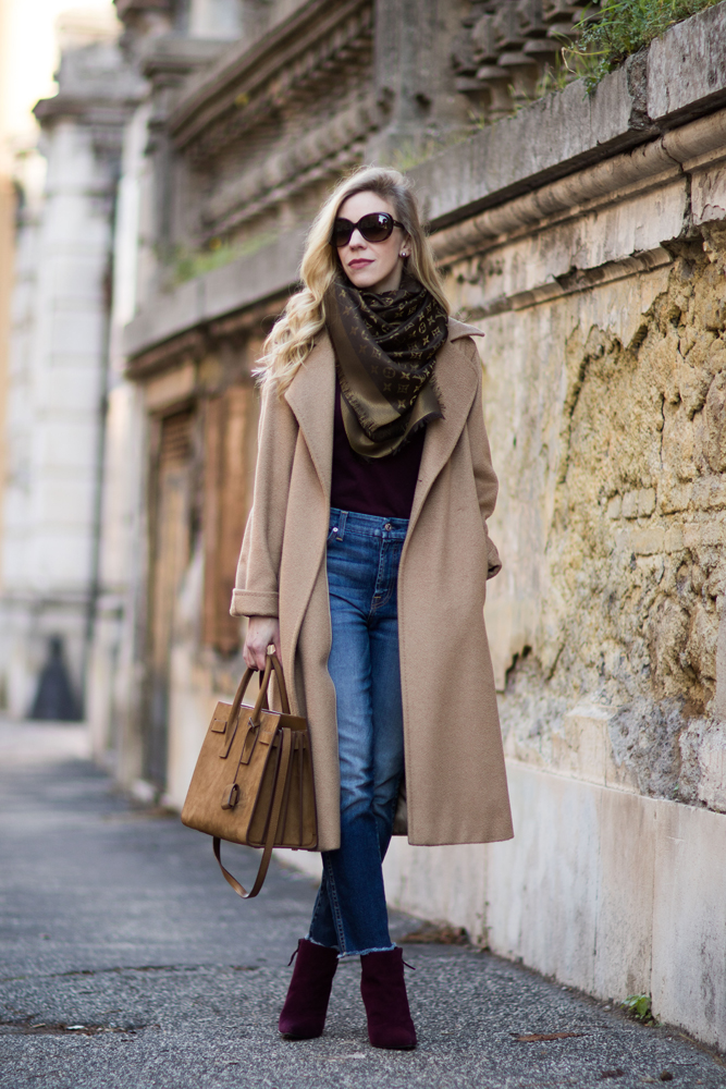 fashion-blogger-wearing-max-mara-manuela-camel-coat-louis-vuitton-monogram-scarf-and-cropped-jeans-stuart-weitzman-hitimes-bordeaux-suede-boots  - Meagan's Moda