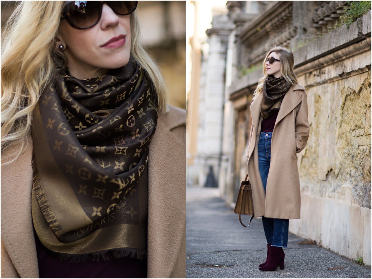 fashion-blogger-wearing-camel-coat-and-brown-louis-vuitton-shine-shawl- monogram-scarf - Meagan's Moda