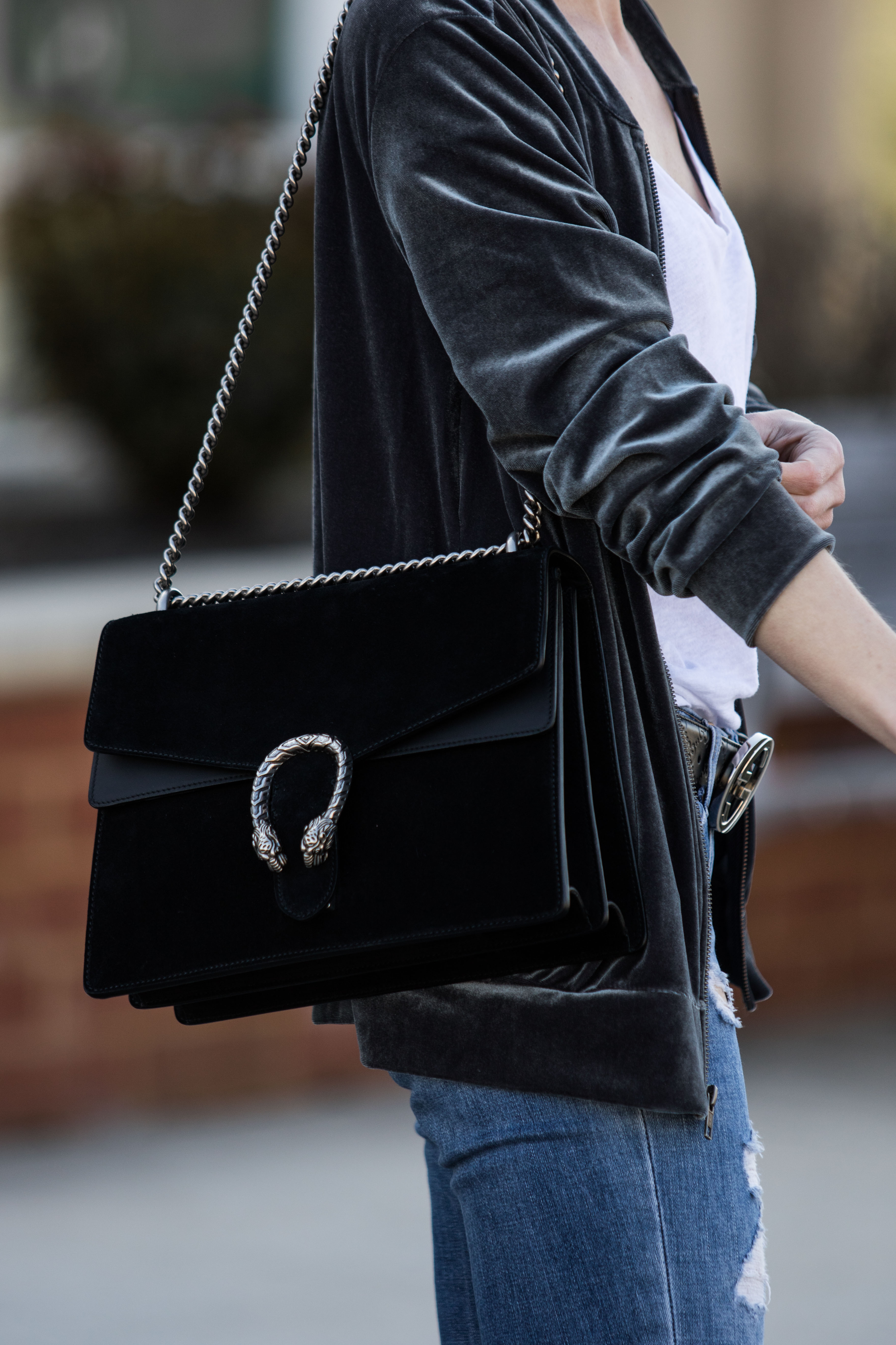 Gucci black suede Dionysus bag outfit - Meagan's Moda