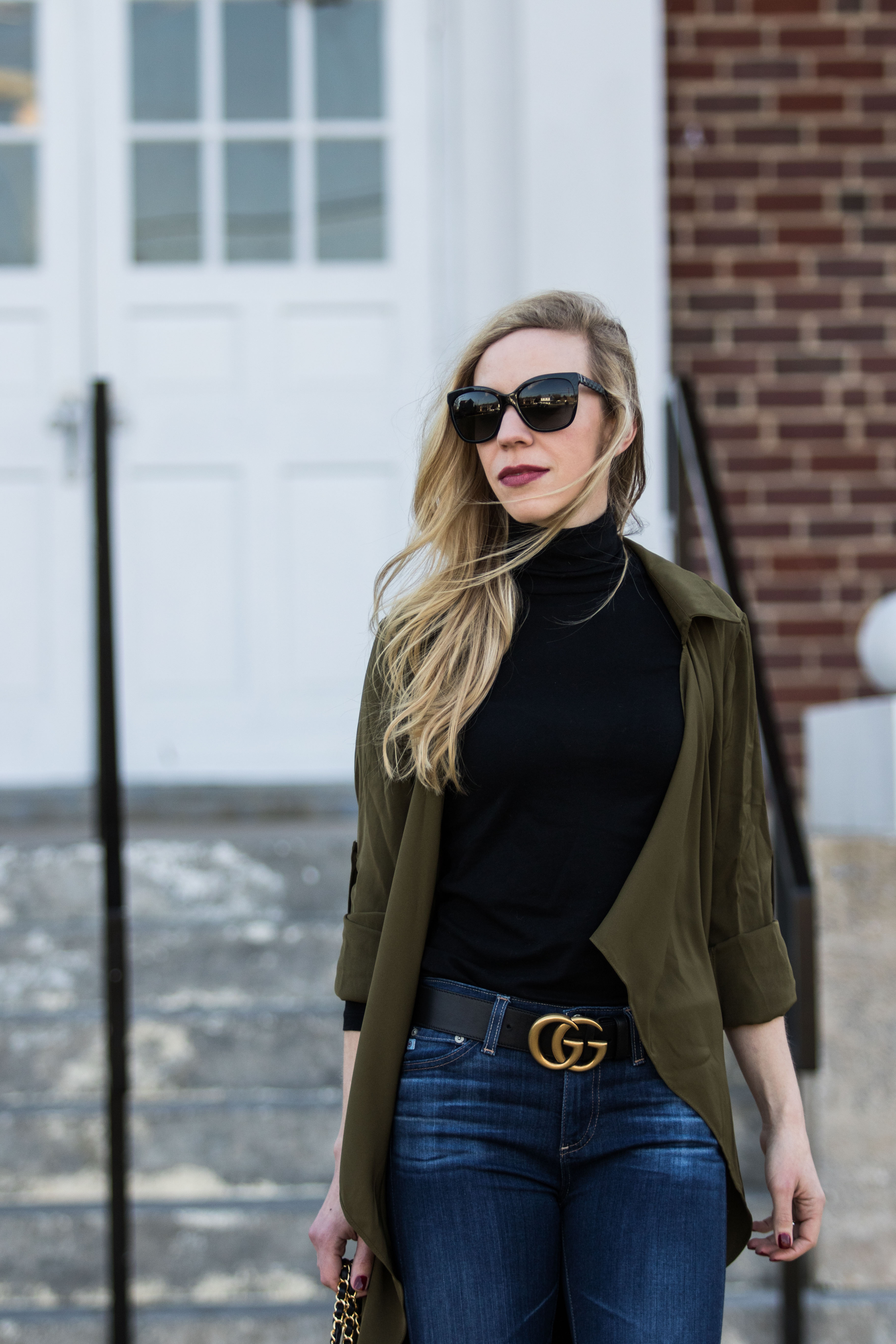 Citizen merge Record Meagan Brandon fashion blogger wearing black Gucci Marmont belt with gold  buckle outfit - Meagan's Moda