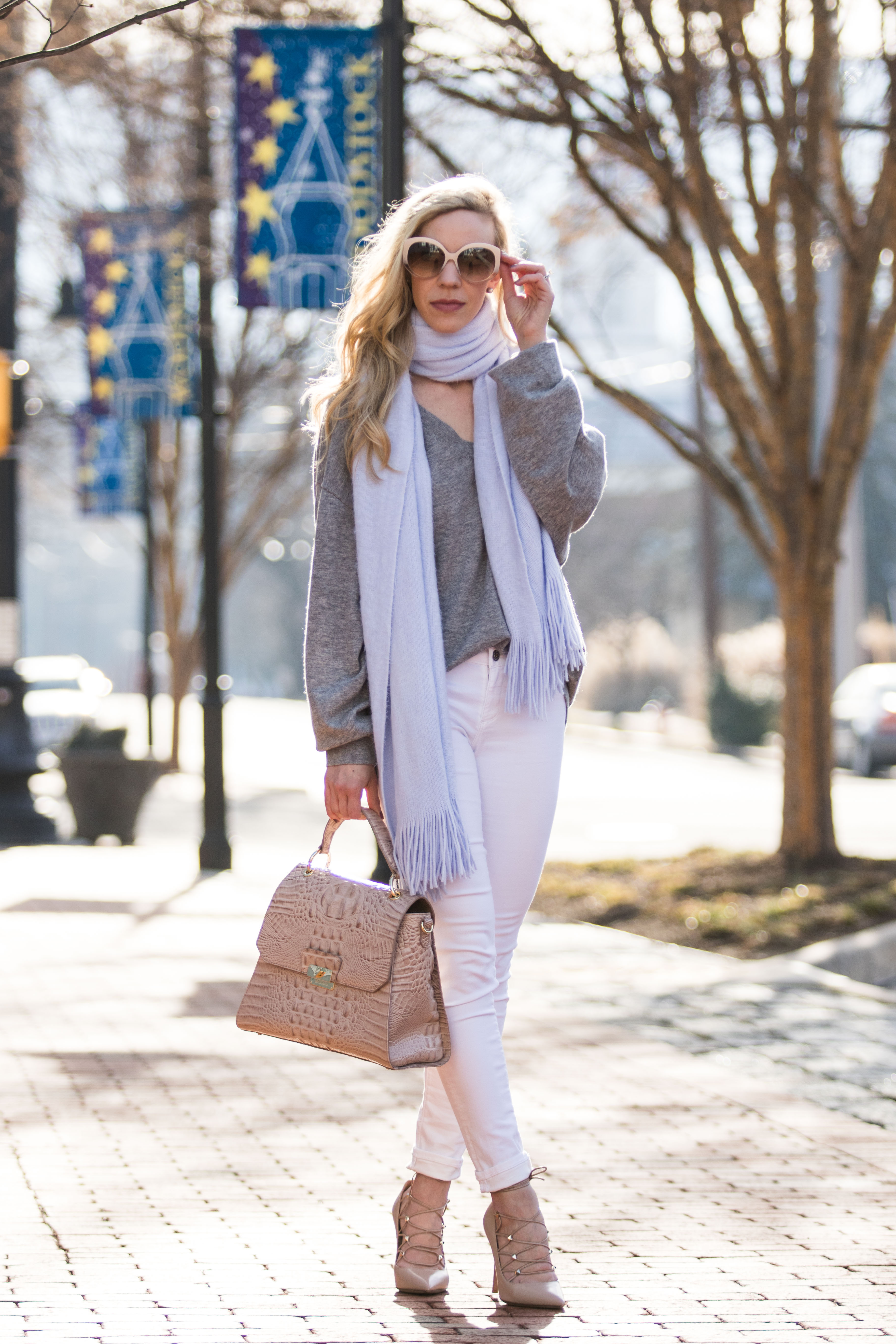 Meagan Brandon fashion blogger of Meagan's Moda styles Louis Vuitton  charcoal shine shawl scarf with Levi's denim jacket for casual spring outfit  - Meagan's Moda