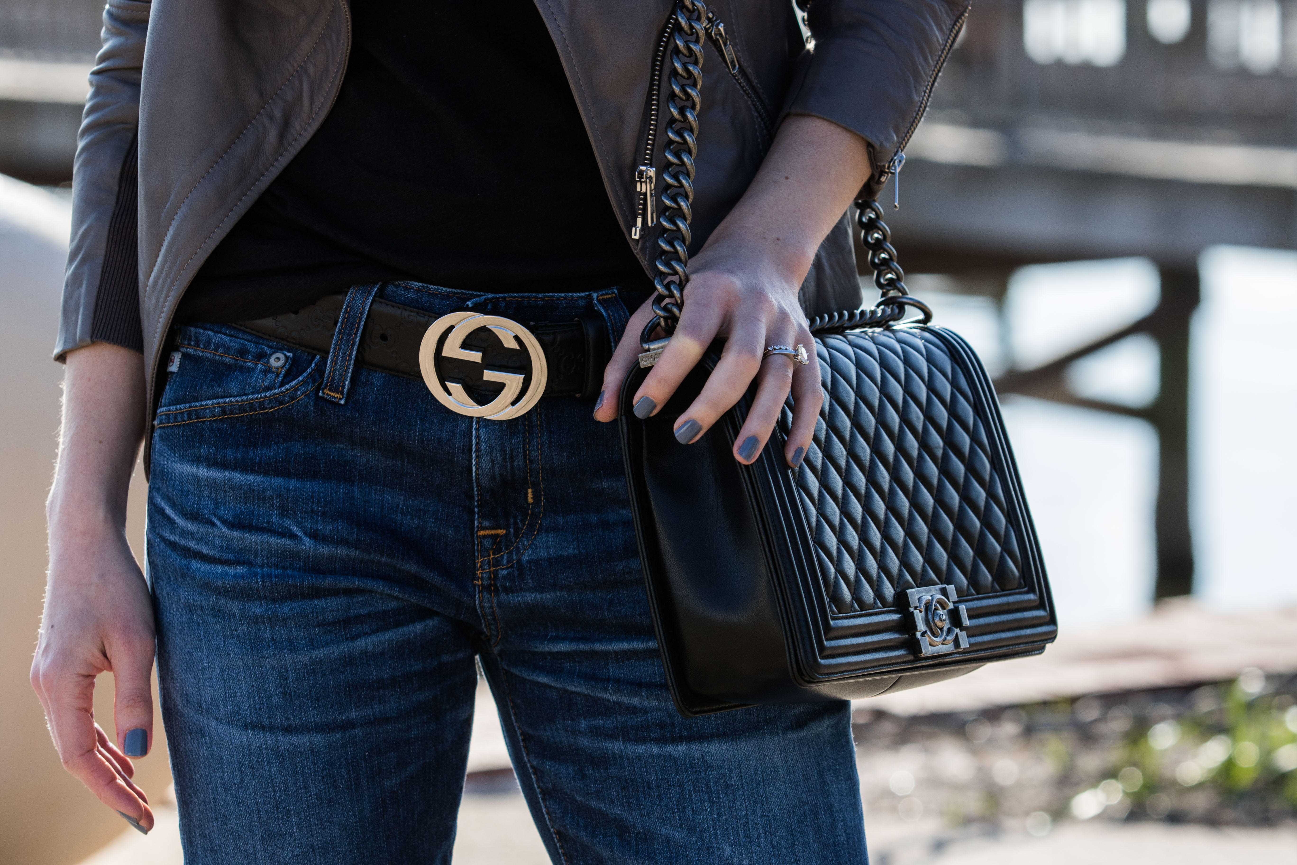 black embossed leather Gucci belt with silver monogram buckle, black  lambskin Chanel boy bag with brushed metal hardware - Meagan's Moda