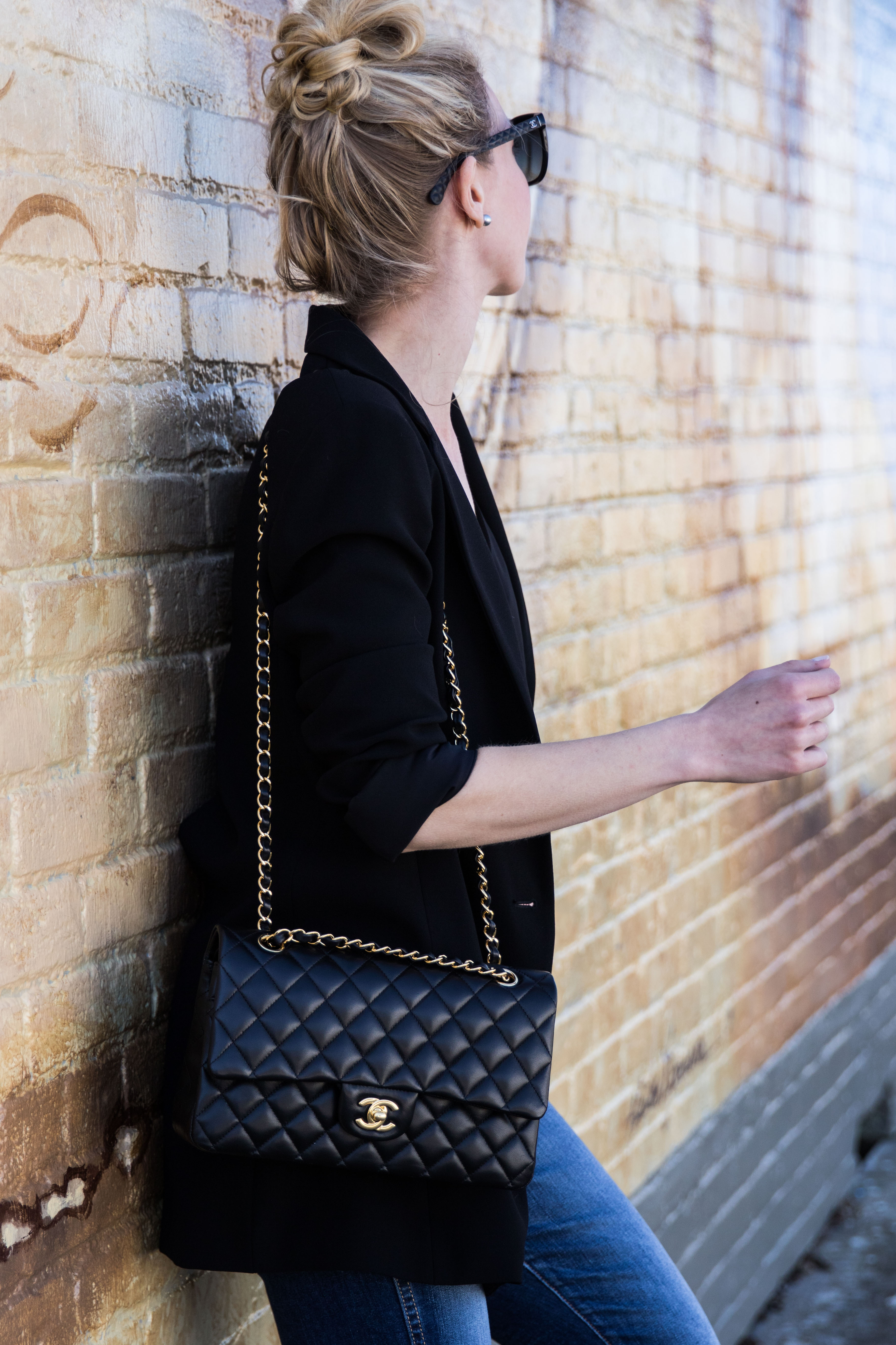 long black blazer with Chanel medium classic flap bag black lambskin gold  hardware - Meagan's Moda