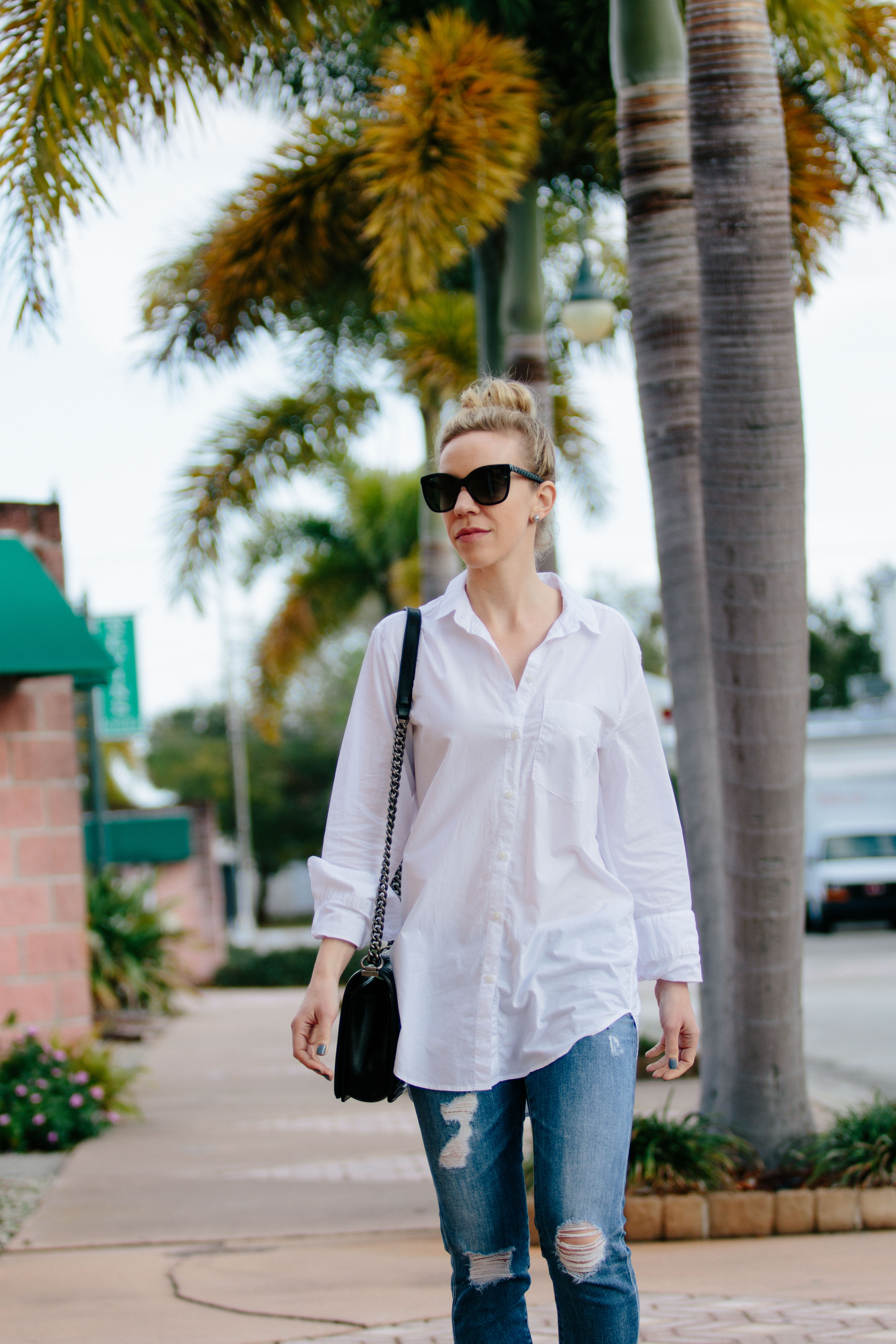H&M oversized white button down shirt with AG jeans stilt crop