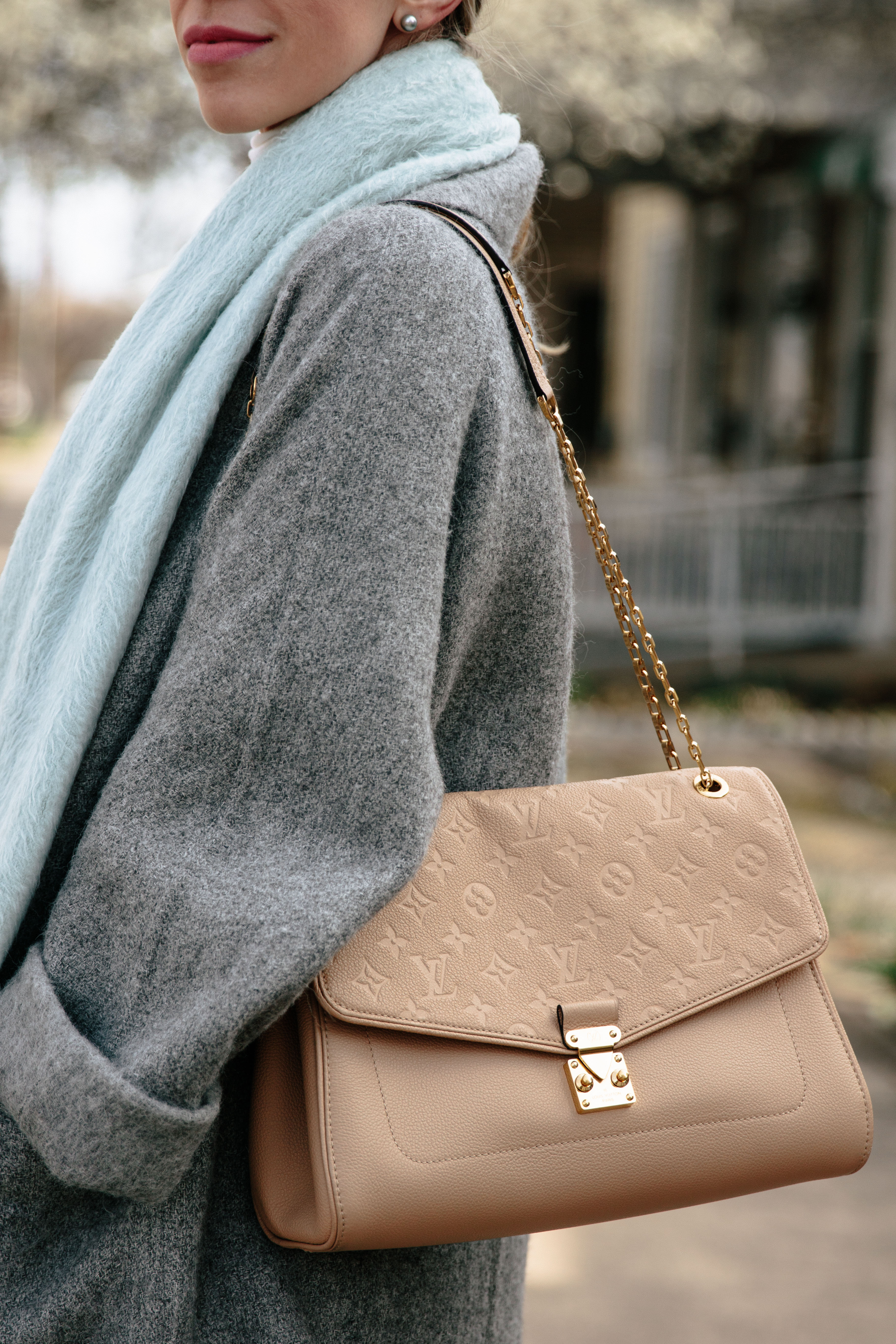 Louis Vuitton St. Germain bag dune leather, gray coat with mint scarf  outfit - Meagan's Moda