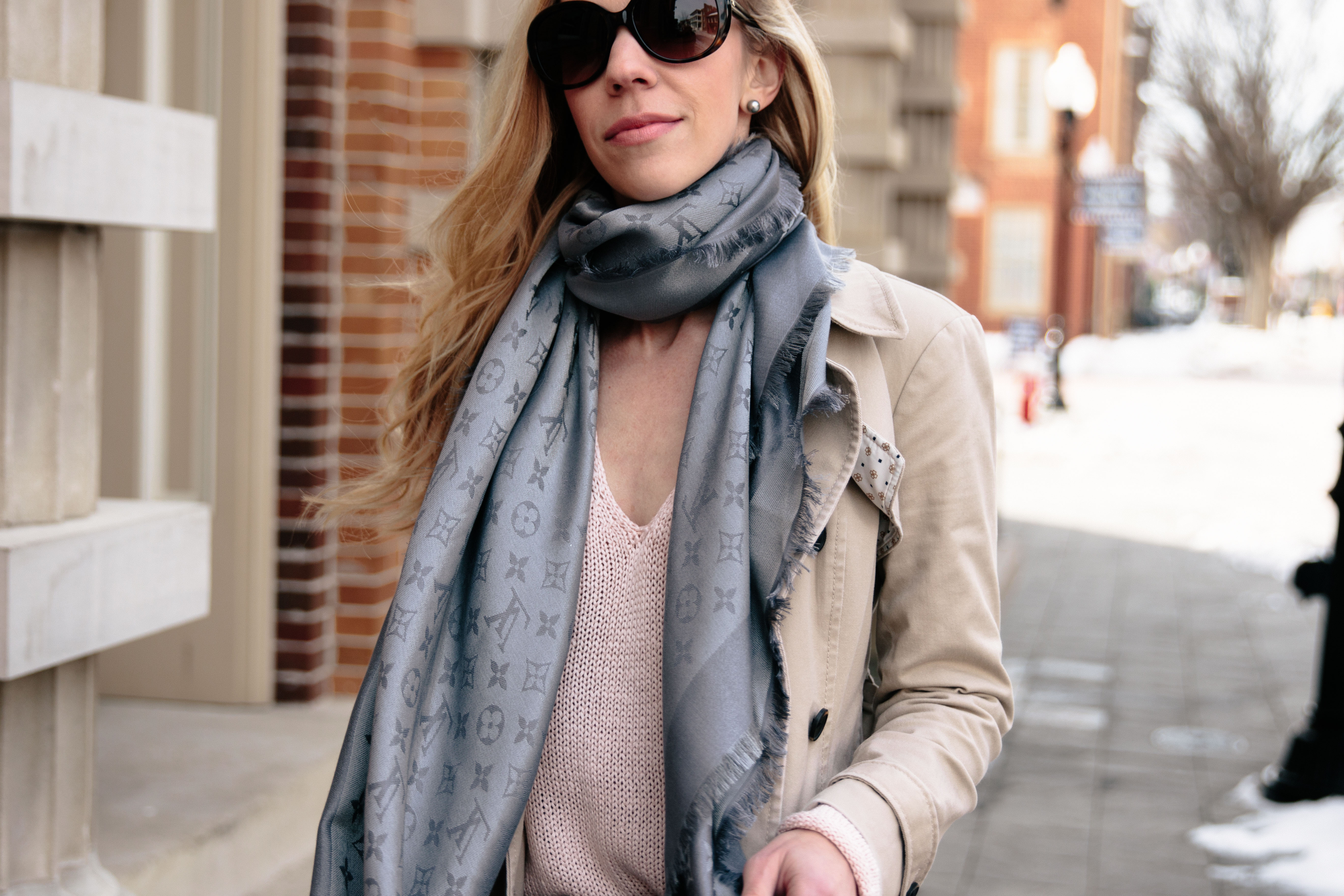 Chic outfit idea with gray Louis Vuitton monogram shine shawl