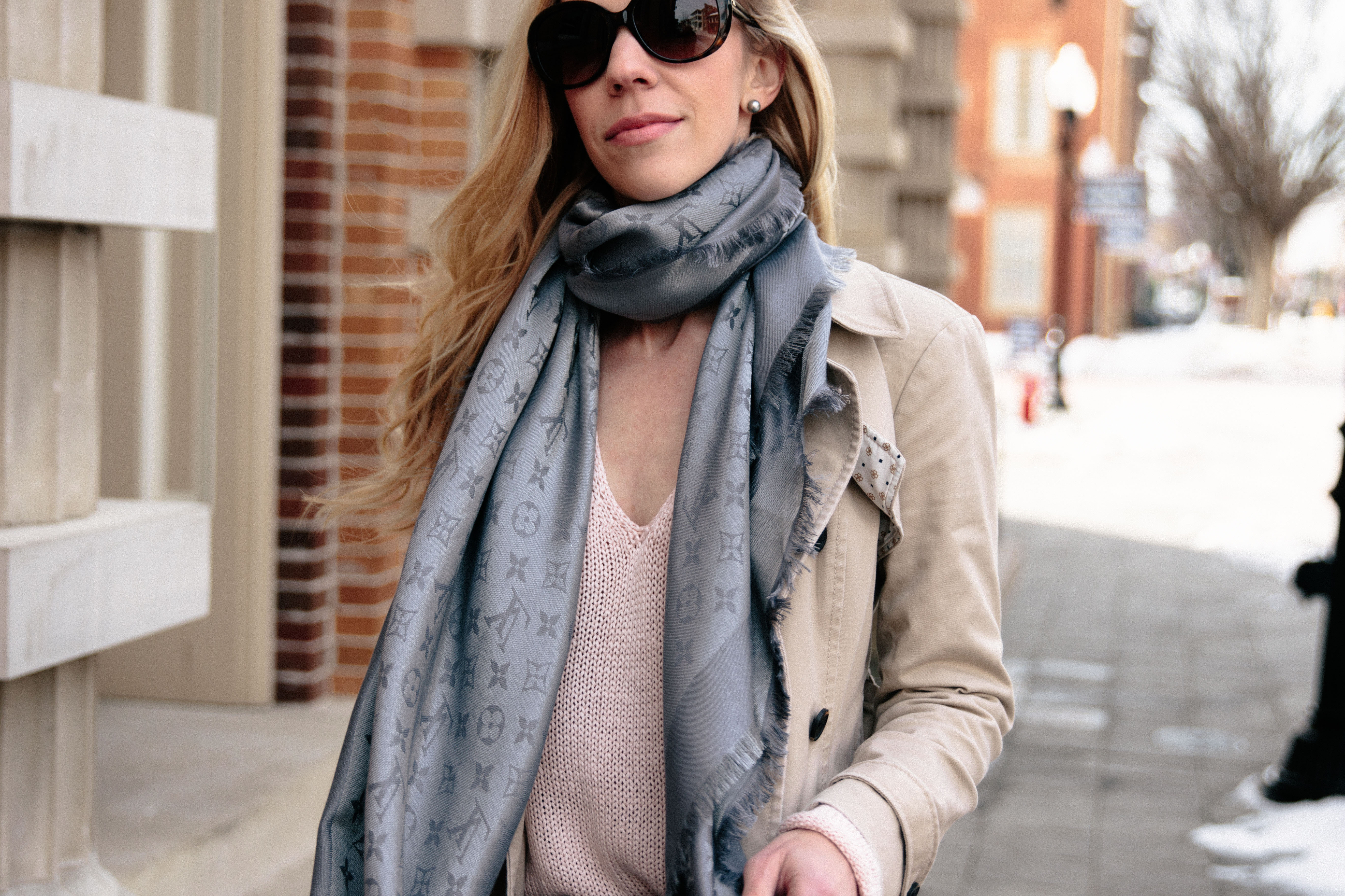 Chic outfit idea with gray Louis Vuitton monogram shine shawl scarf -  Meagan's Moda