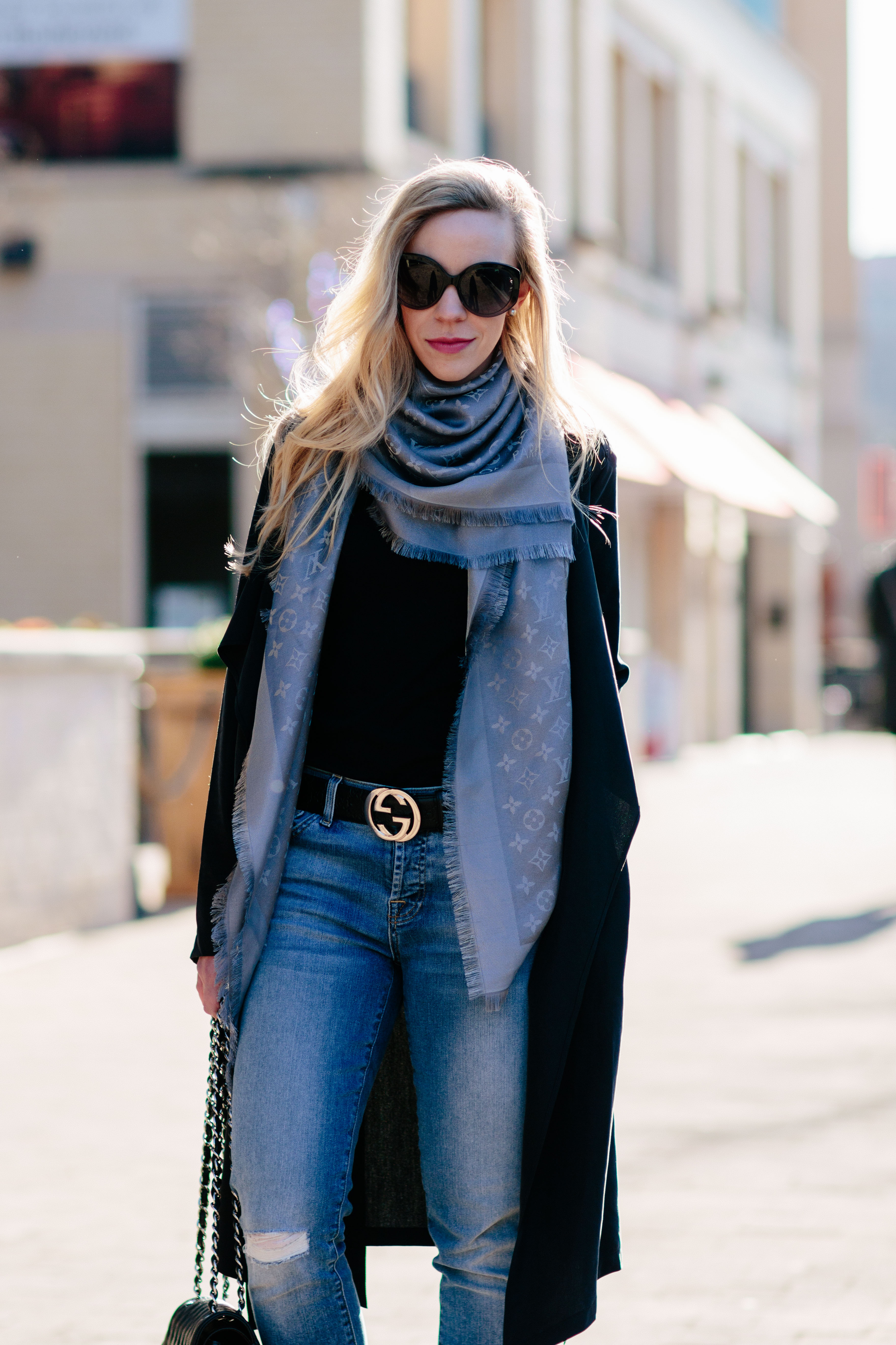 Meagan Brandon fashion blogger wearing gray Louis Vuitton scarf