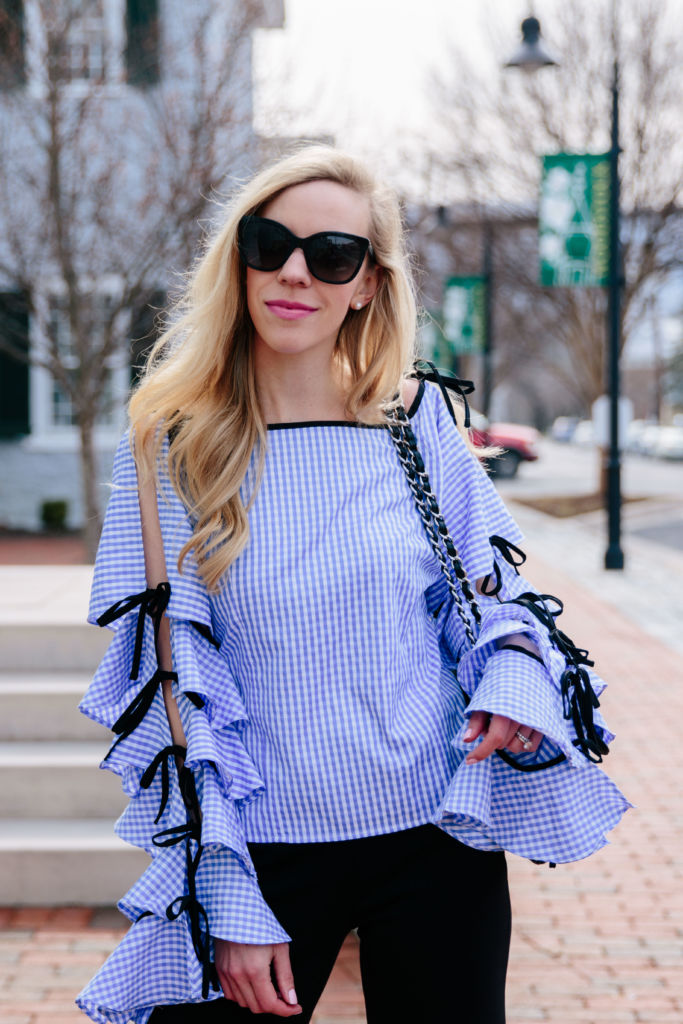 Edgy Gingham: Bow Sleeve Top, Wide Leg Pants & Pointy-Toe Flats ...
