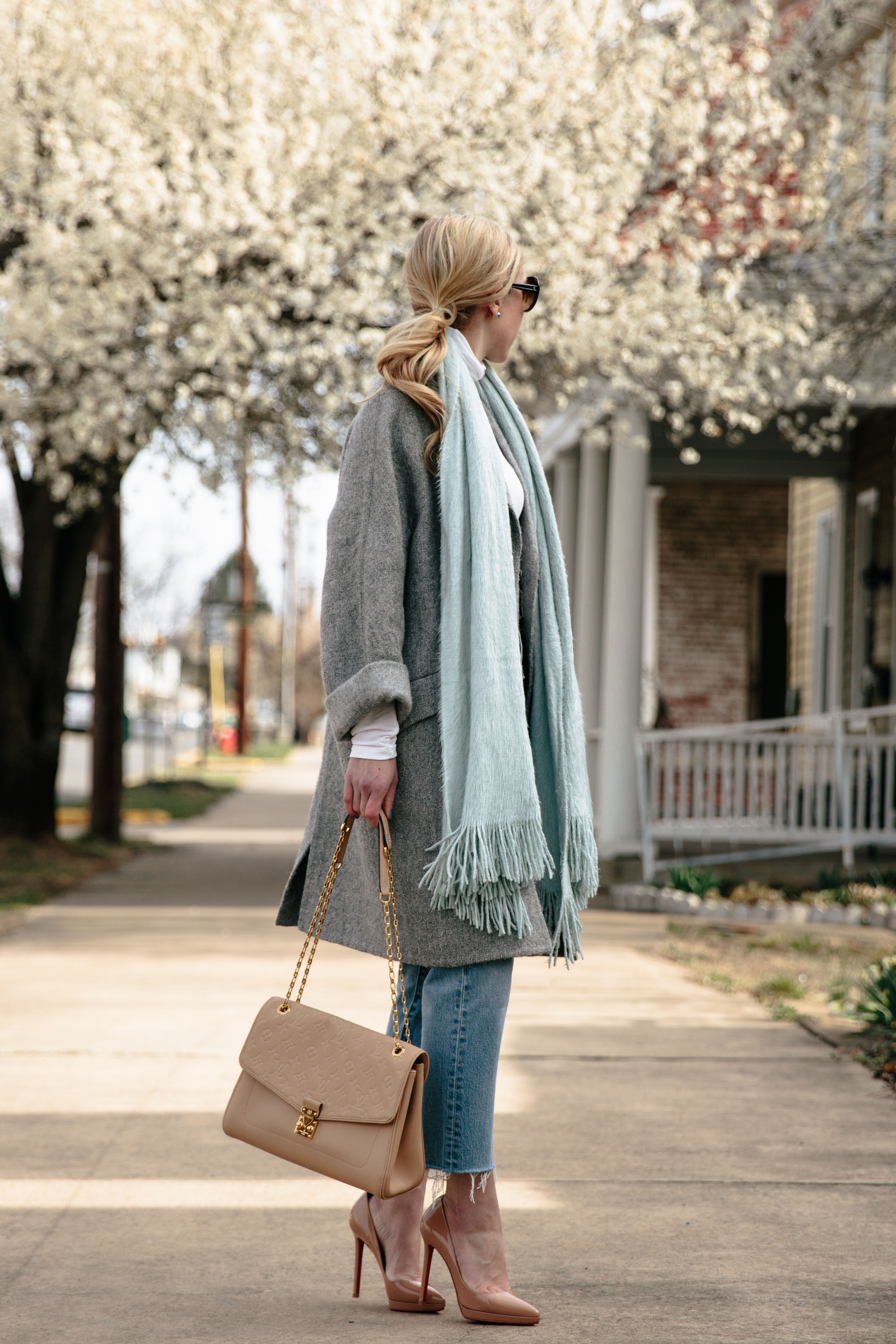 Louis Vuitton charcoal gray shine shawl scarf, pink and gray spring outfit  with khaki trench coat - Meagan's Moda