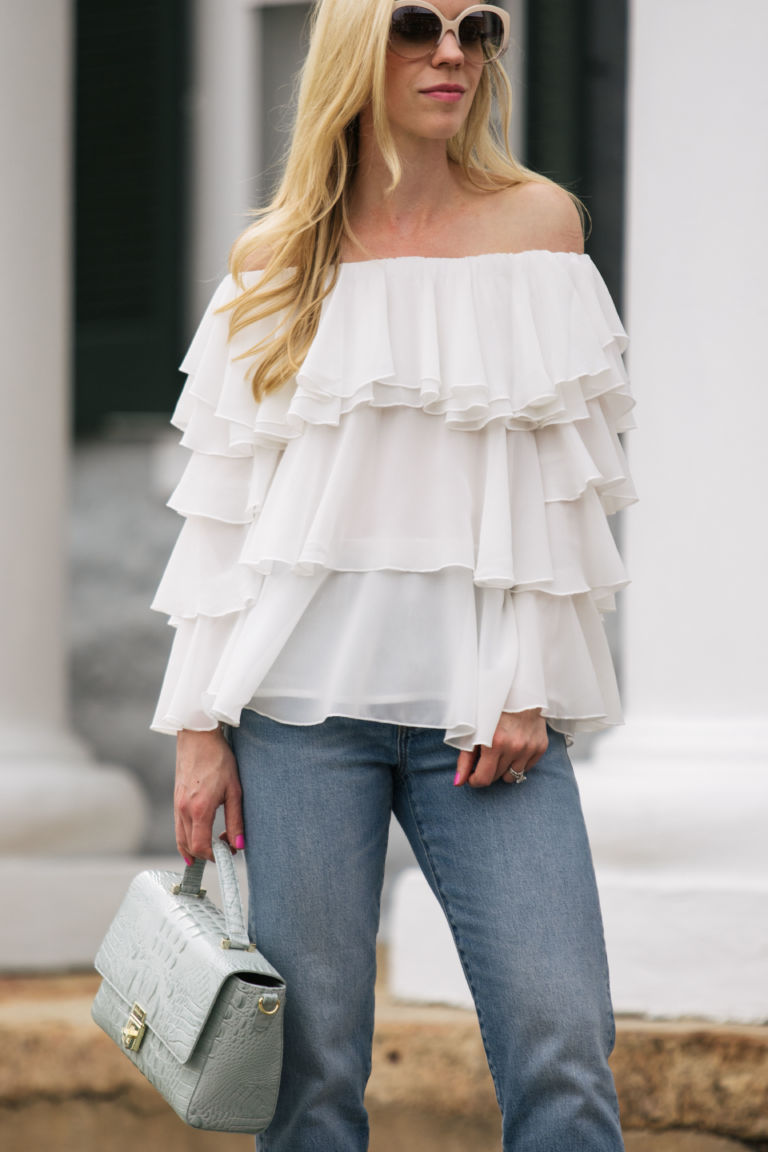 Ruffled: Off the Shoulder Top, Straight Leg Jeans & Block Heel Sandals ...