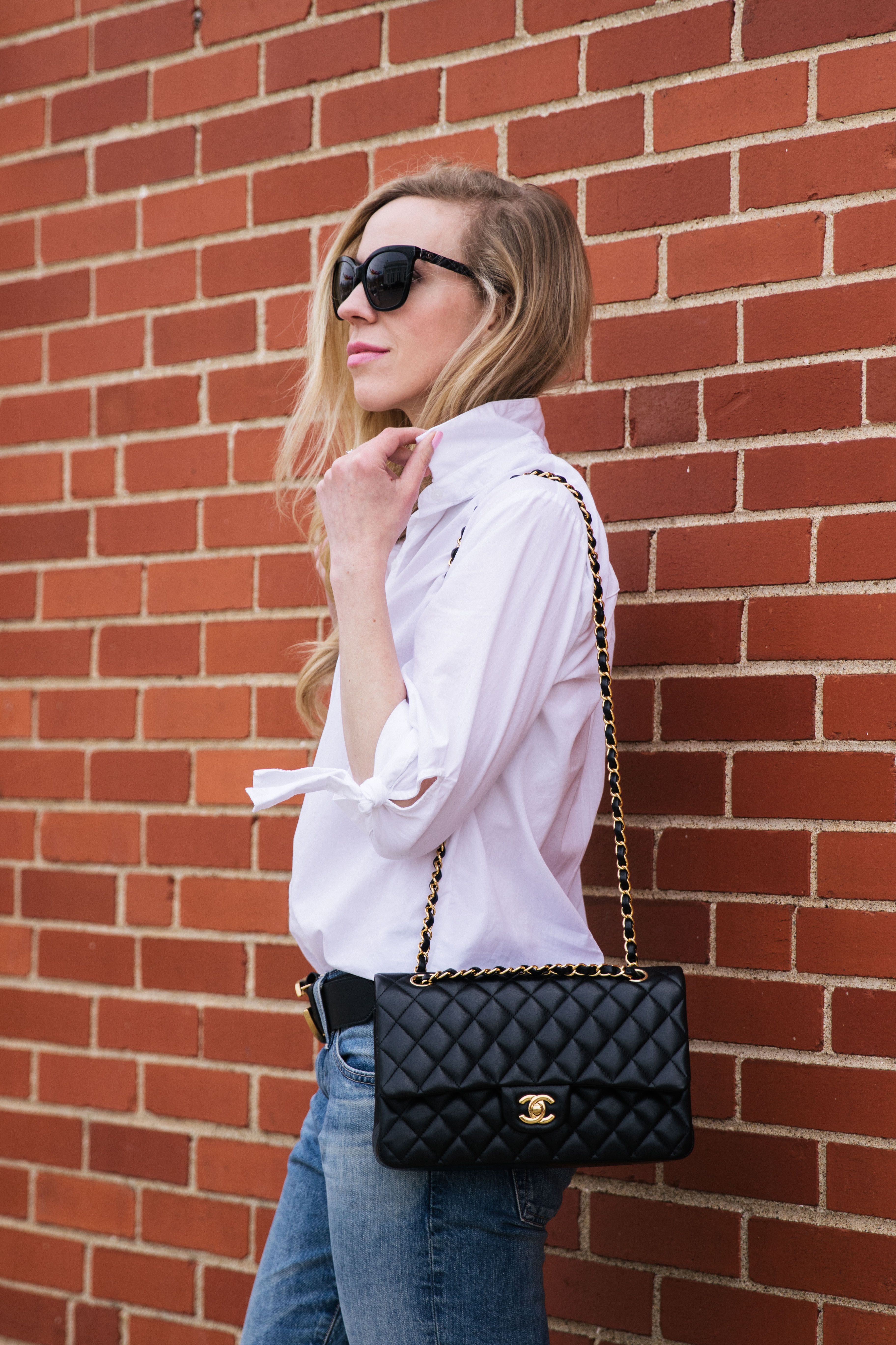 H&M tie sleeve white shirt, Chanel classic flap bag black lambskin with gold  hardware - Meagan's Moda