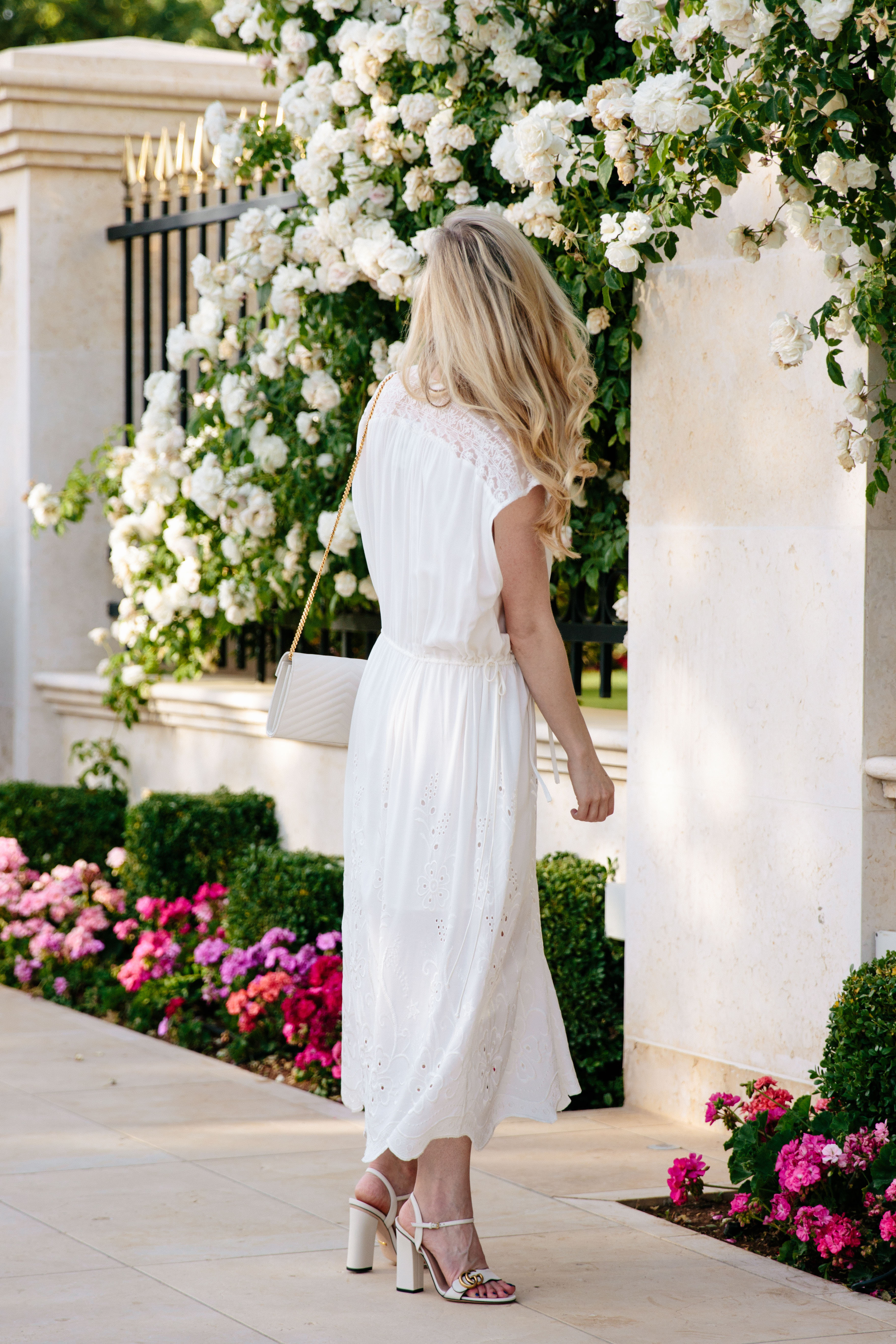 Meagan Brandon fashion blogger of Meagan's Moda wears lace midi dress with  Mango wide croc leather belt and Louis Vuitton Dauphine MM bag - Meagan's  Moda