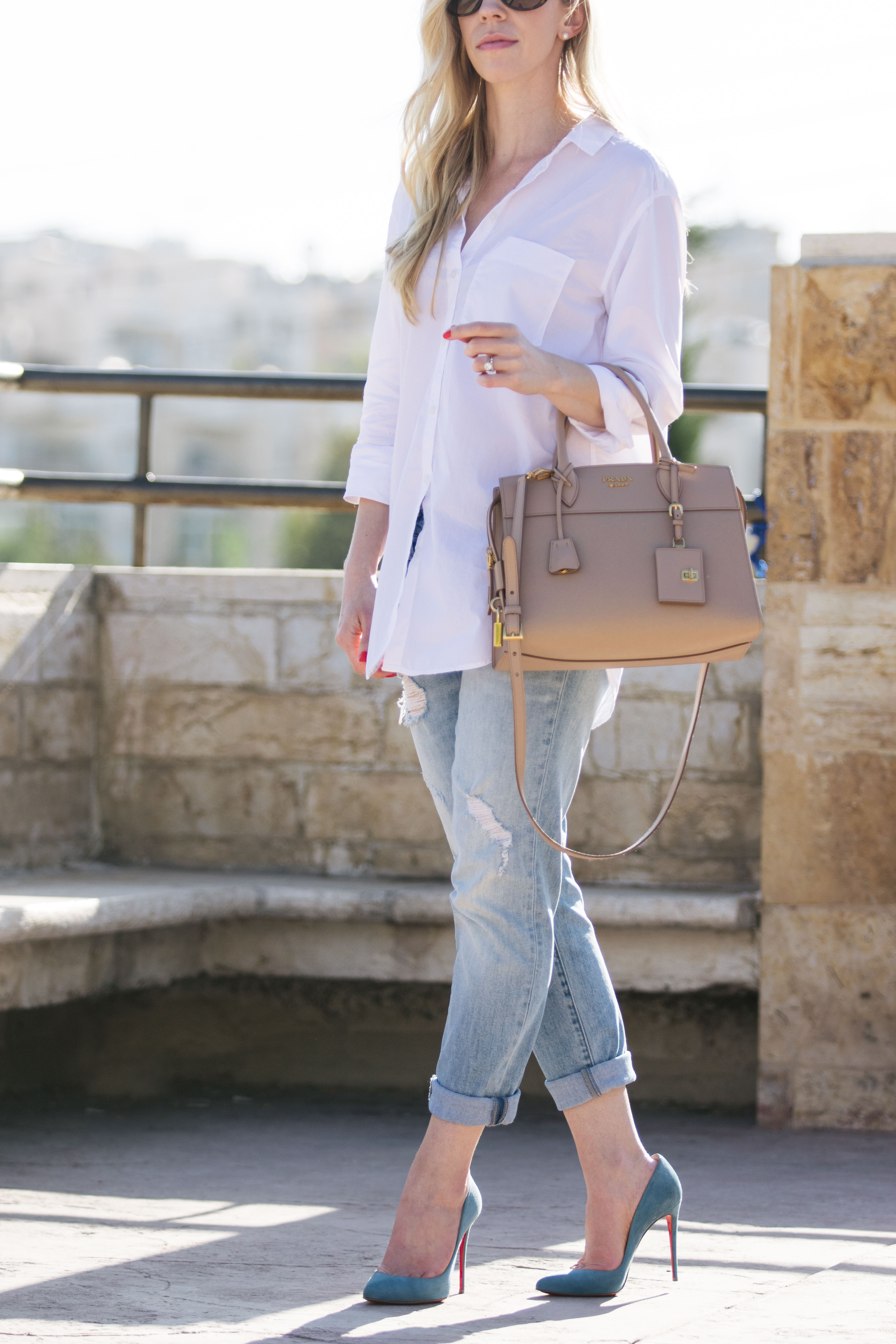 how to dress up a white button down with boyfriend jeans and Christian  Louboutin pumps, Prada Esplanade City tote bag - Meagan's Moda