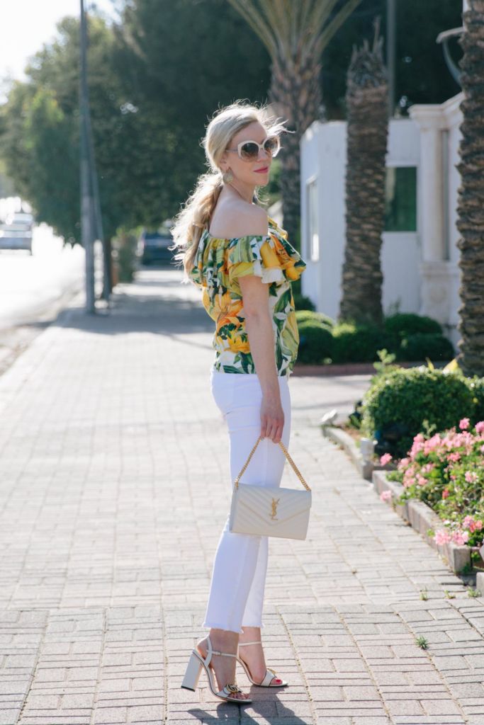Paradise Dreaming: Ruffled One Shoulder Top with White Jeans & Block ...