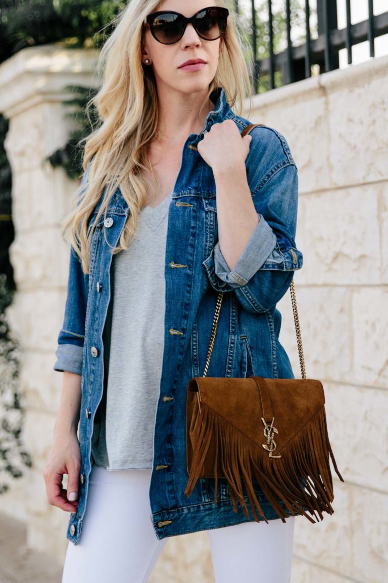Western Flair: Oversized Denim Jacket with White Jeans & Suede Details ...