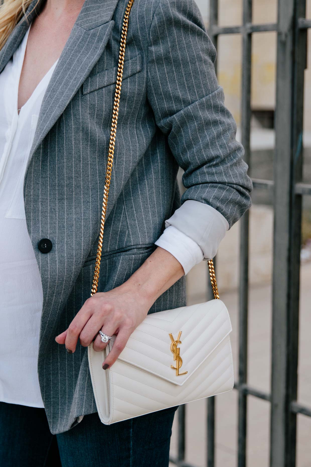 H&M gray pinstripe blazer with white Saint Laurent monogram chain wallet -  Meagan's Moda