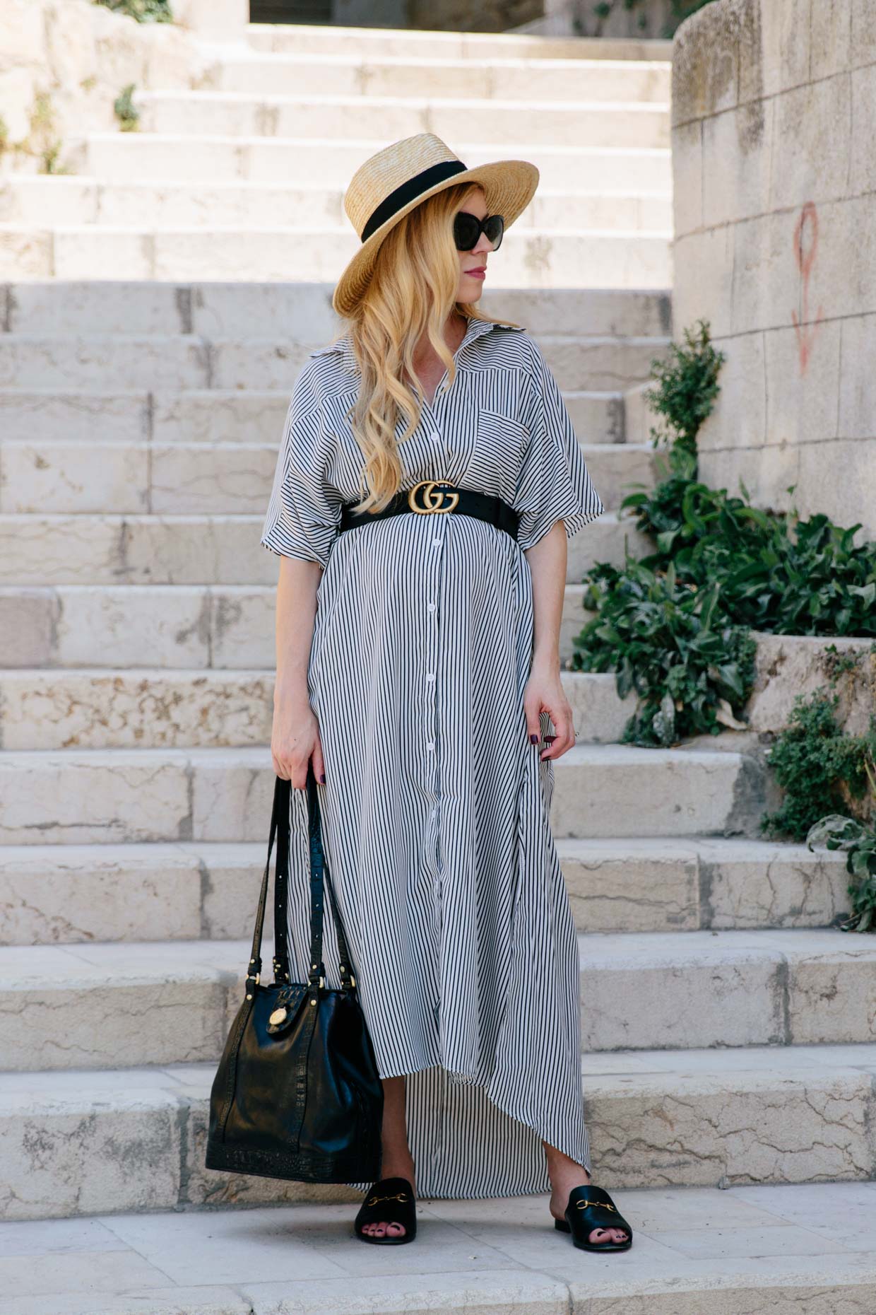 Meagan Brandon fashion blogger of Meagan's Moda wears blue and white  striped shirt with olive paperbag waist shorts and Gucci bag - Meagan's Moda