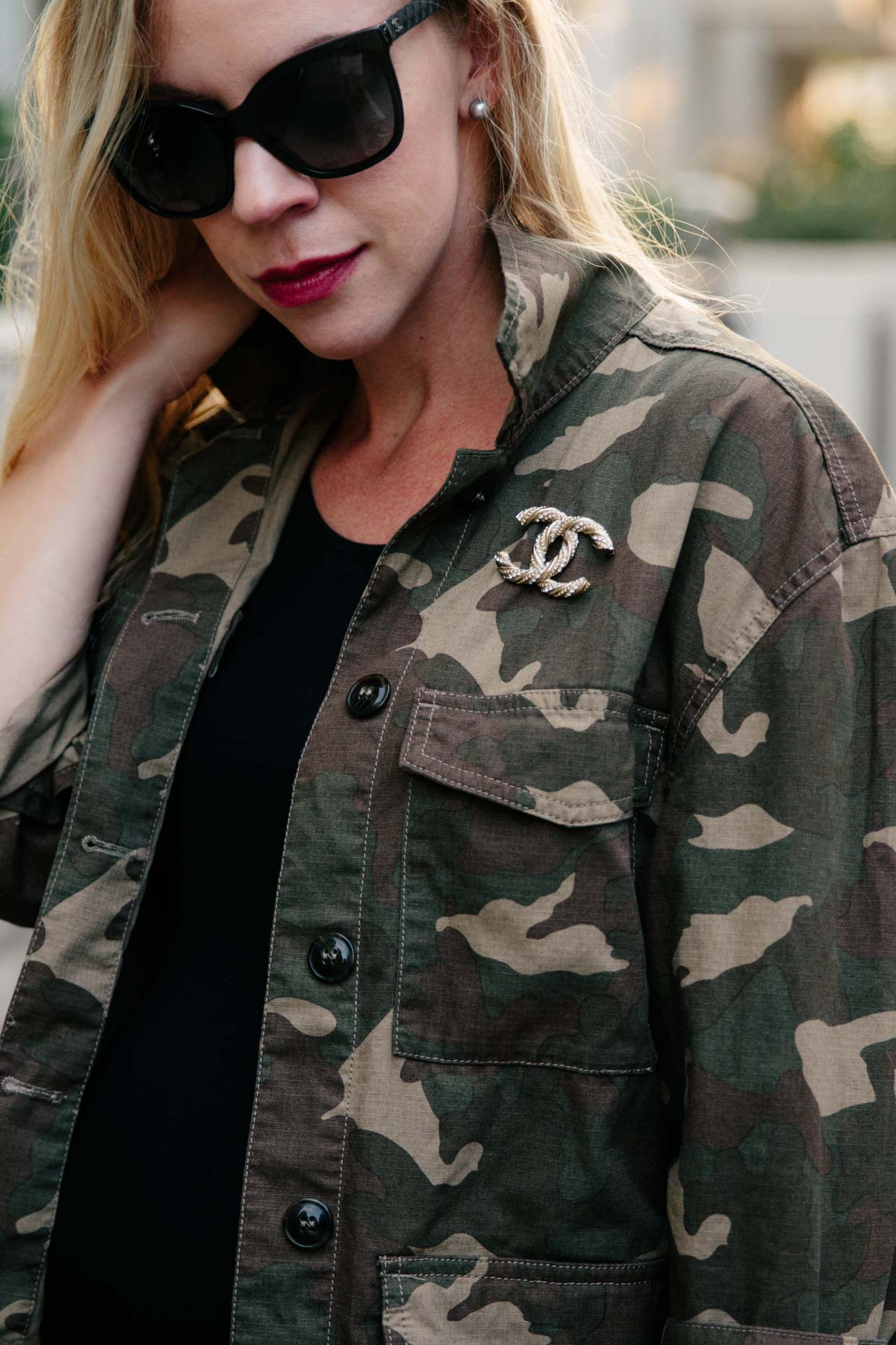 How to dress up camo print by using Chanel brooch pin and chic details,  chic way to wear camo print for fall - Meagan's Moda